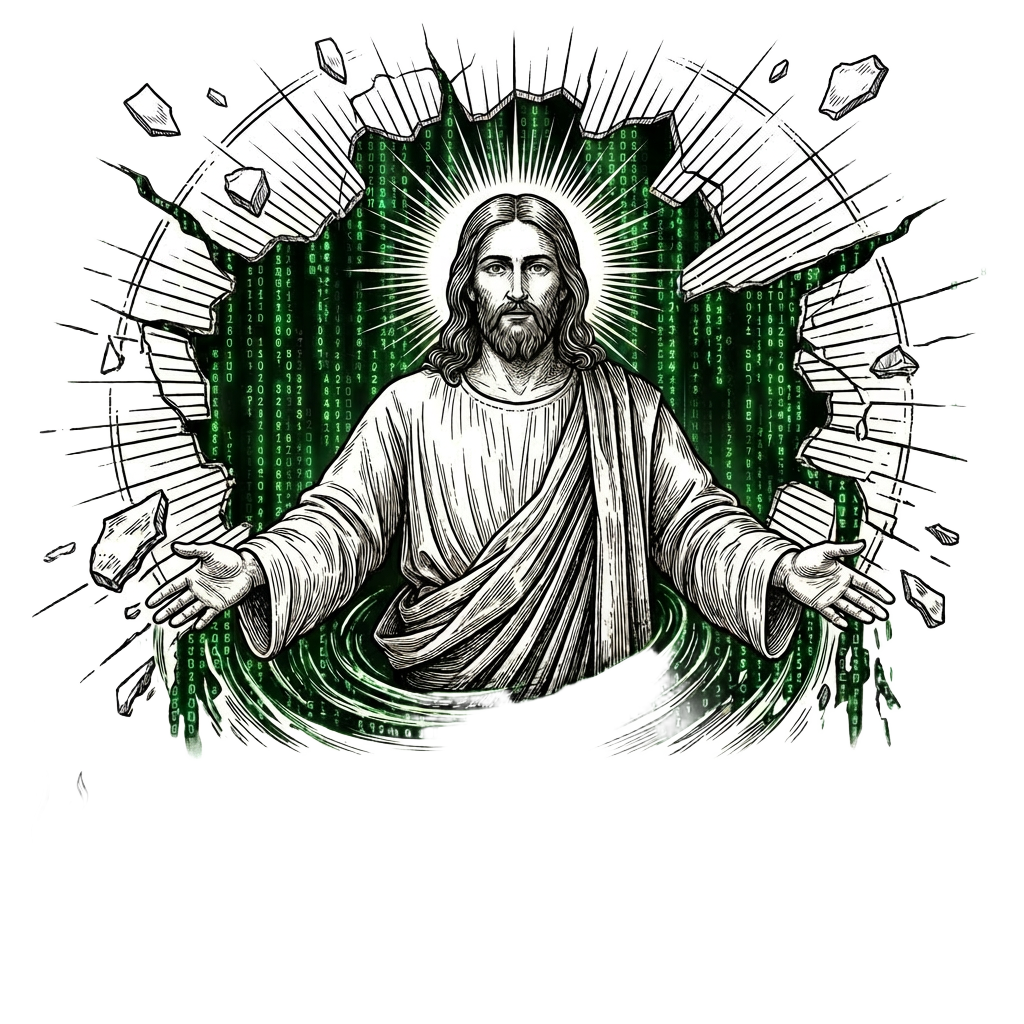 Jesus com códigos binários e chamas